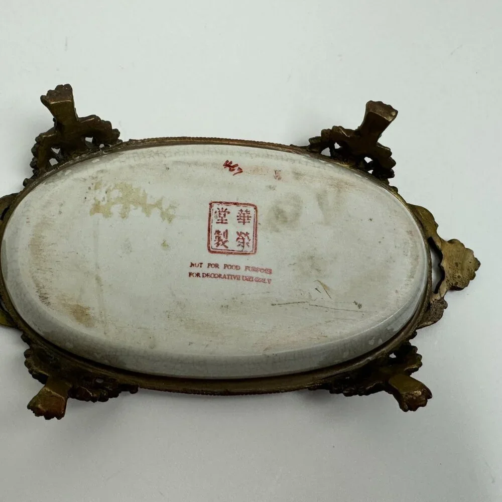 Vintage Chinese Brass and Porcelain Footed Floral Trinket Dish